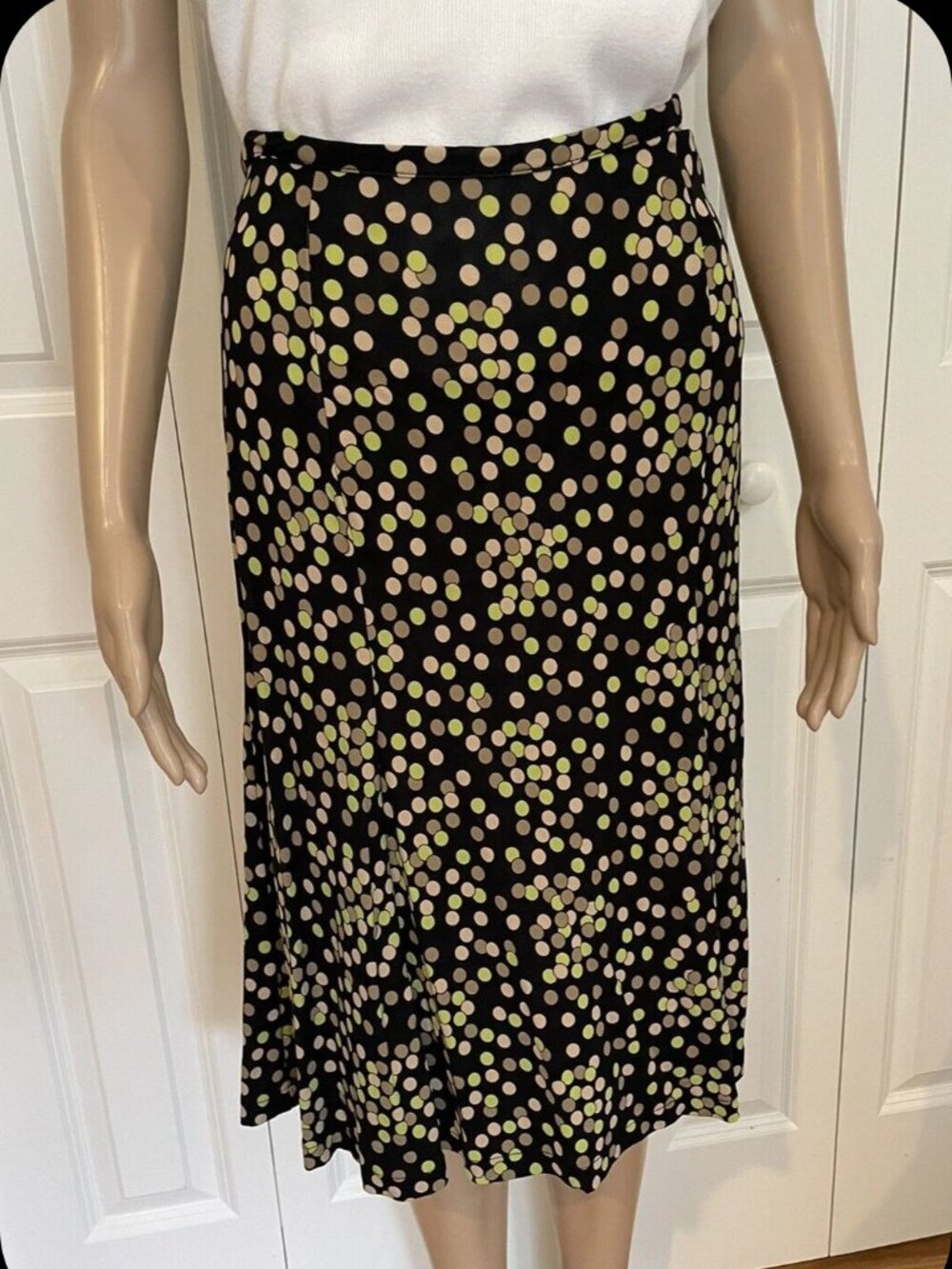Talbots Black Rayon Stretch Flare Skirt with Green & Brown Polka Dots